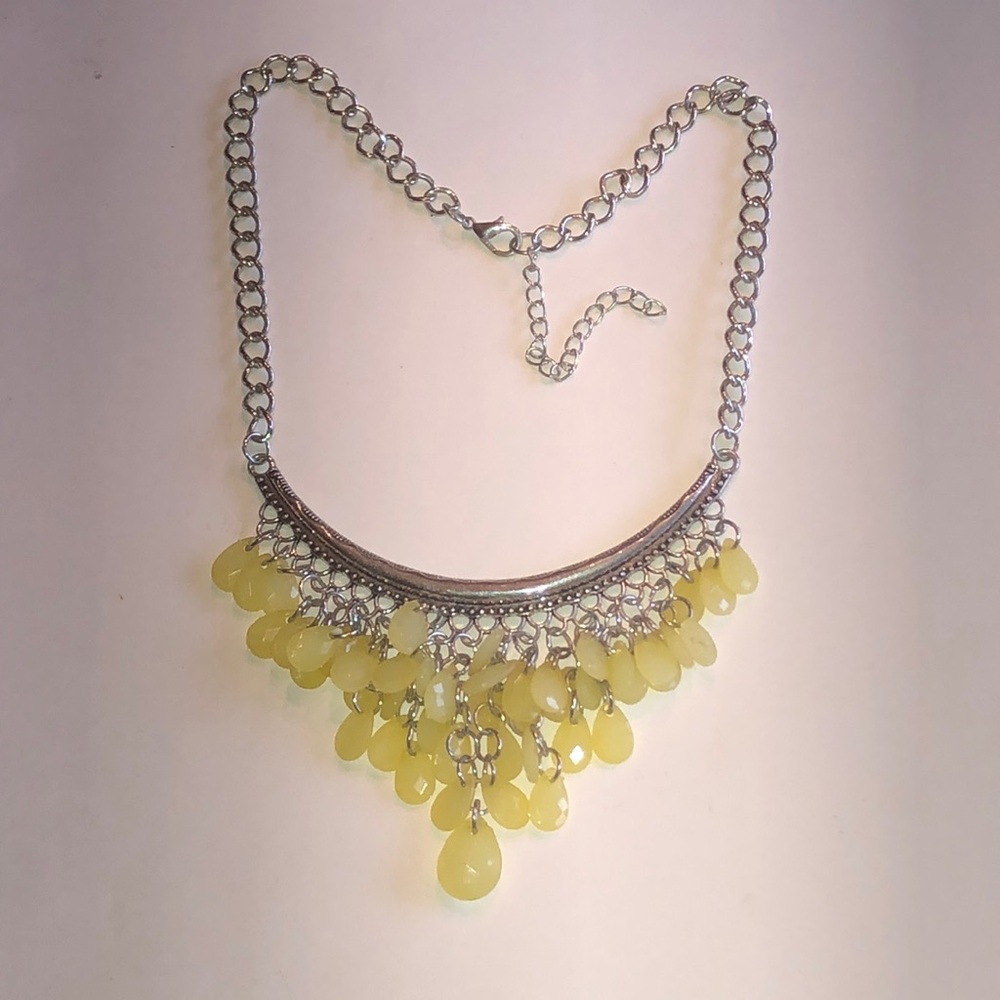 Yellow Teardrop Fringe Silver Tone Statement Necklace